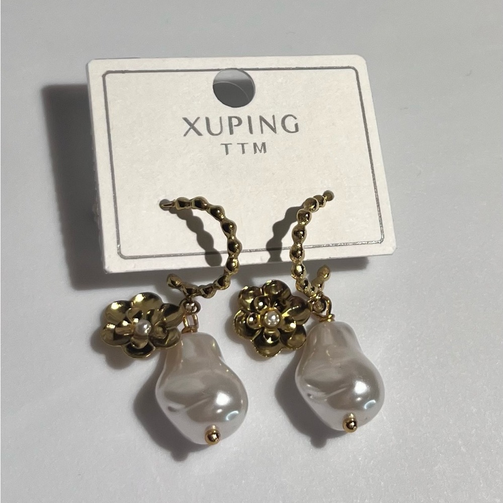 Ping Gold and White Baroque Pearl Drop Earrings